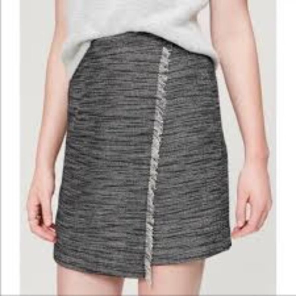 Ann Taylor LOFT Skirt Womens Tweed Fringe Faux Wrap Size 2